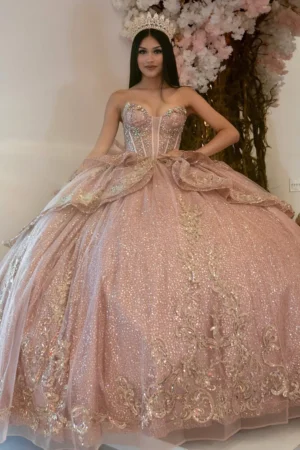 SE001-1 Glittery Tulle Lace Beaded Sweetheart Corset Quinceanera Dresses with Ruffles