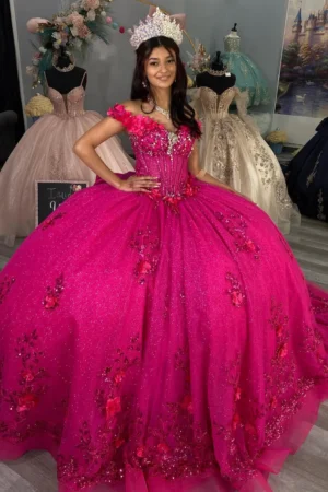 SE003-1 Fuchsia Sweet 16 Quinceanera Dresses Glittery Tulle 3D Flowers Party Dresses