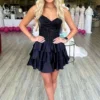 HD002-4 Sweetheart Satin Ruffles A Line Corset Lace Appliqued Homecoming Dresses