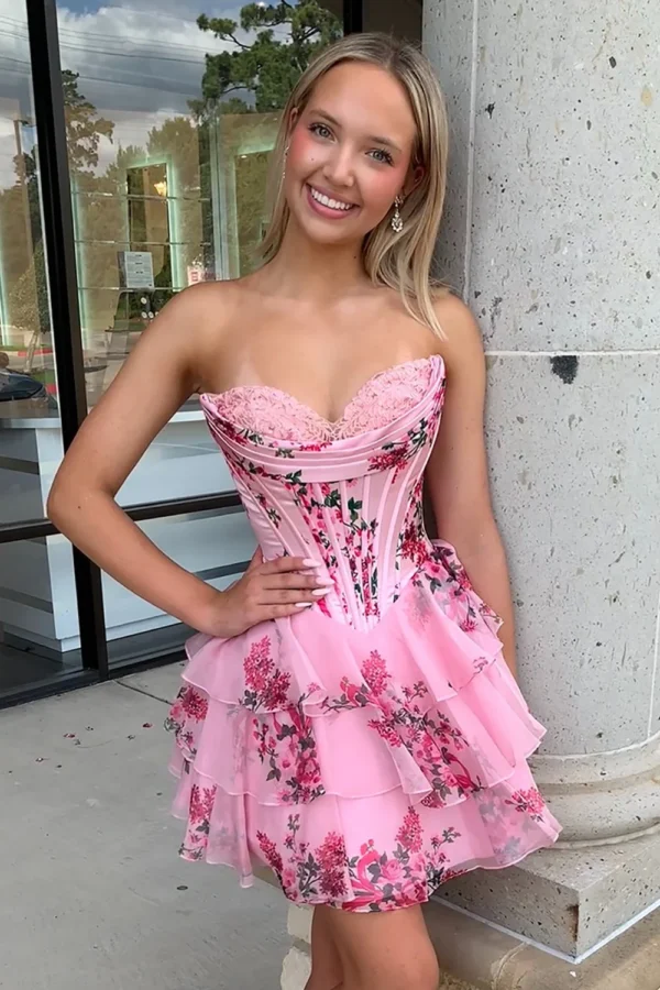 HD004-2 A Line Sweetheart Floral Print Ruffles Corset Homecoming Dresses