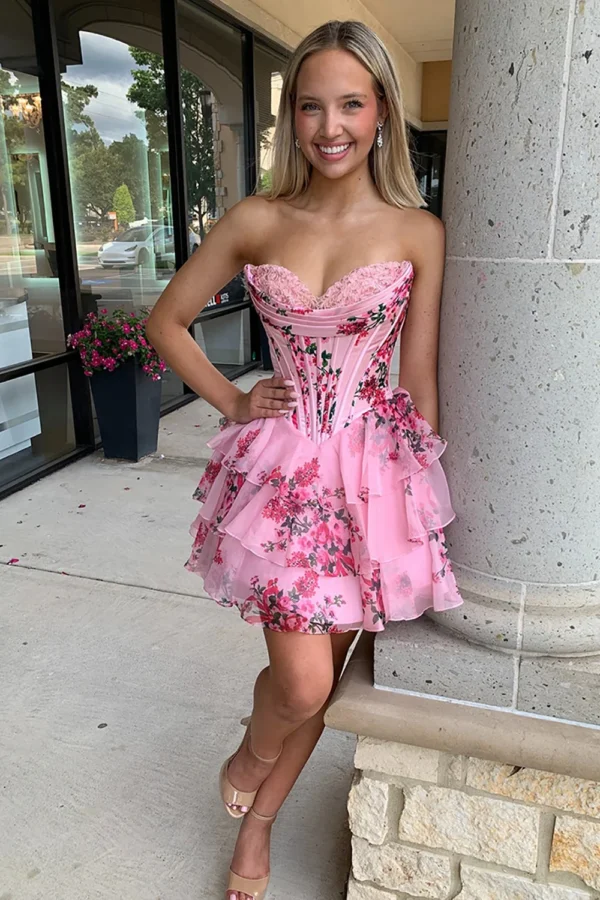 HD004-3 A Line Sweetheart Floral Print Ruffles Corset Homecoming Dresses