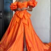 PD001-1 Ball Gown Satin Long Prom Dresses Side Slit Evening Dresses for Women