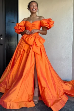 PD001-1 Ball Gown Satin Long Prom Dresses Side Slit Evening Dresses for Women