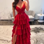 A-Line Prom Dresses Long Tiered Pleated V Neck Evening Party Dresses with Slit