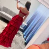 A-Line Prom Dresses Long Tiered Pleated V Neck Evening Party Dresses with Slit