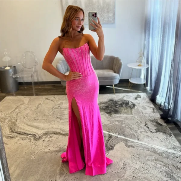 PD004-3 Sweetheart Glittery Sequin Beaded Corset Prom Dresses Long with Side Split