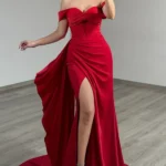 Off Shoulder Mermaid Satin Corset Long Prom Dresses Sheath Party Gowns with Slit