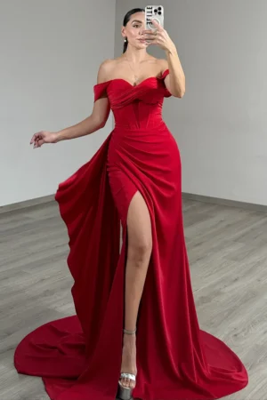 Off Shoulder Mermaid Satin Corset Long Prom Dresses Sheath Party Gowns with Slit
