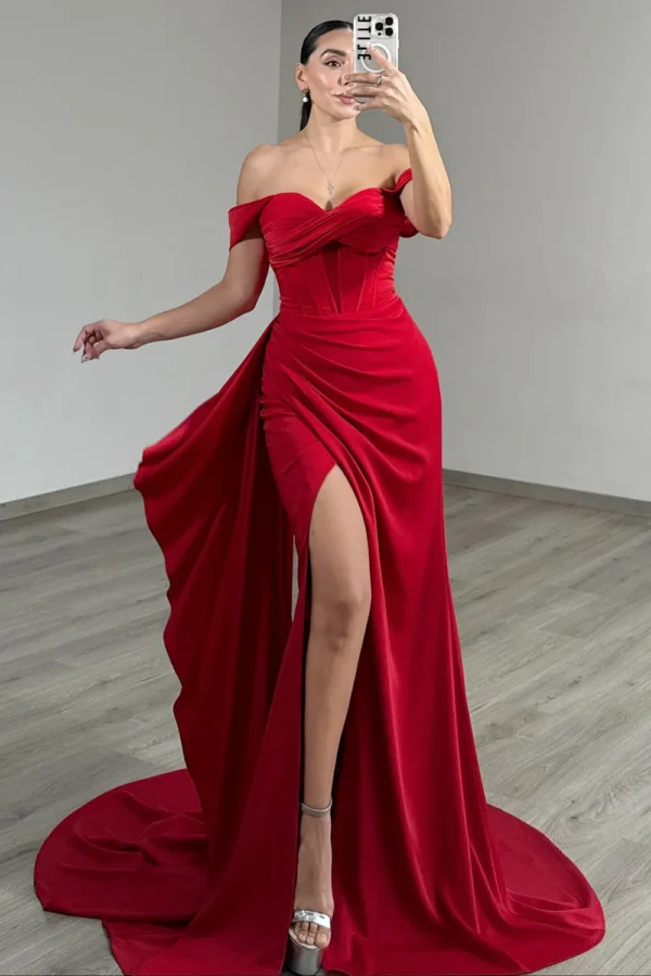 Off Shoulder Mermaid Satin Corset Long Prom Dresses Sheath Party Gowns with Slit