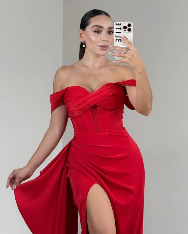 Off Shoulder Mermaid Satin Corset Long Prom Dresses Sheath Party Gowns with Slit