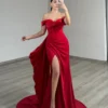 Off Shoulder Mermaid Satin Corset Long Prom Dresses Sheath Party Gowns with Slit
