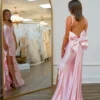 PD006-3 Women's Mermaid Satin V Neck Prom Dresses Long Corset Evening Party Dresses with Ruffled
