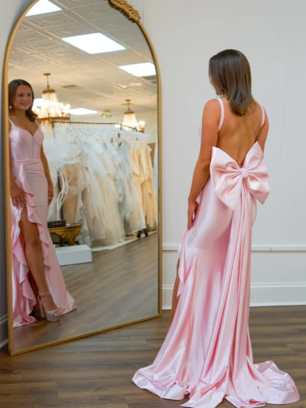 PD006-3 Women's Mermaid Satin V Neck Prom Dresses Long Corset Evening Party Dresses with Ruffled