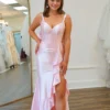 PD006-4 Women's Mermaid Satin V Neck Prom Dresses Long Corset Evening Party Dresses with Ruffled