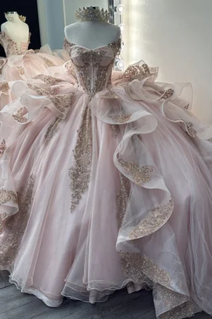 SE008-1 Sweetheart Tulle Ruffle Lace Appliqued Blush Quinceanera Dresses for Sweet 16 Party