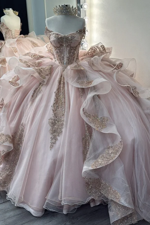 Sweetheart Tulle Ruffle Lace Appliqued Blush Quinceanera Dresses for Sweet 16 Party