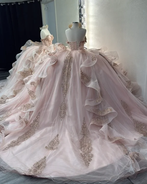 Sweetheart Tulle Ruffle Lace Appliqued Blush Quinceanera Dresses for Sweet 16 Party