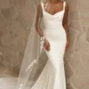 WD002-1 Mermaid Square Neck Straps Ruched Open Back Satin Wedding Dress