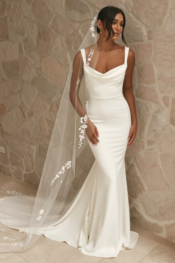 WD002-1 Mermaid Square Neck Straps Ruched Open Back Satin Wedding Dress