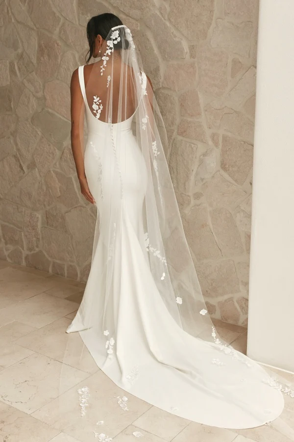 WD002-2 Mermaid Square Neck Straps Ruched Open Back Satin Wedding Dress