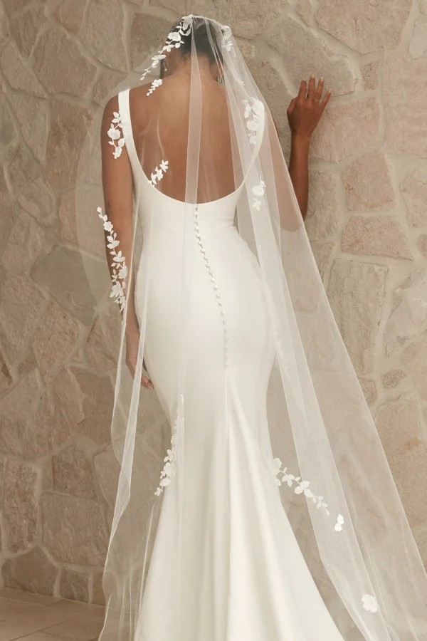 WD002-3 Mermaid Square Neck Straps Ruched Open Back Satin Wedding Dress