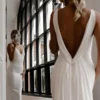 WD004-4 Mermaid V Neck Spaghetti Straps Backless Satin Wedding Dress