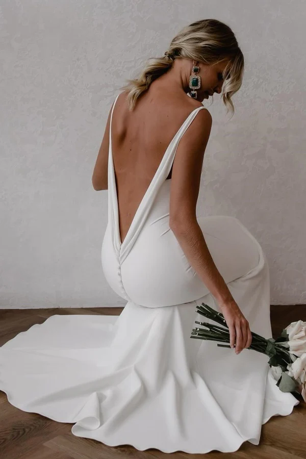 WD004-5 Mermaid V Neck Spaghetti Straps Backless Satin Wedding Dress