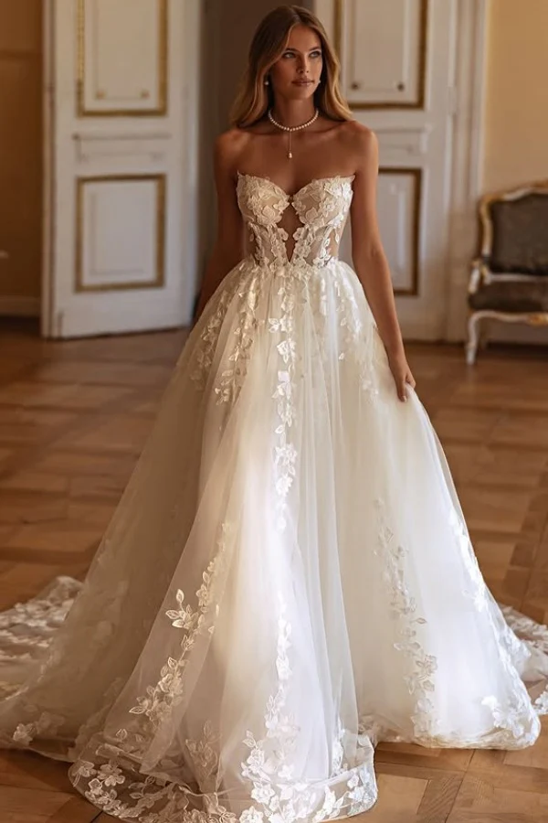 WD005-1 A-Line Strapless Appliques Lace Up Boho Wedding Dress