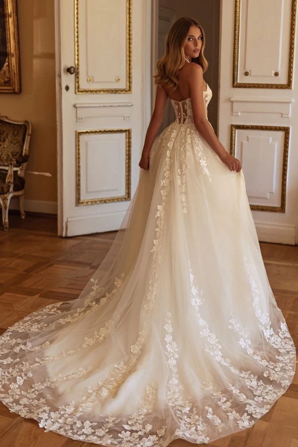 WD005-2 A-Line Strapless Appliques Lace Up Boho Wedding Dress