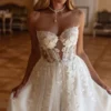 WD005-4 A-Line Strapless Appliques Lace Up Boho Wedding Dress
