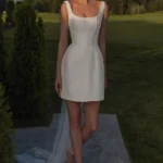 A-Line Square Neck Straps Short Satin Wedding Dress (without veil)