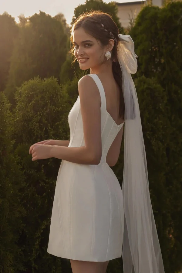 WD007-5 A-Line Square Neck Straps Short Satin Wedding Dress (without veil)
